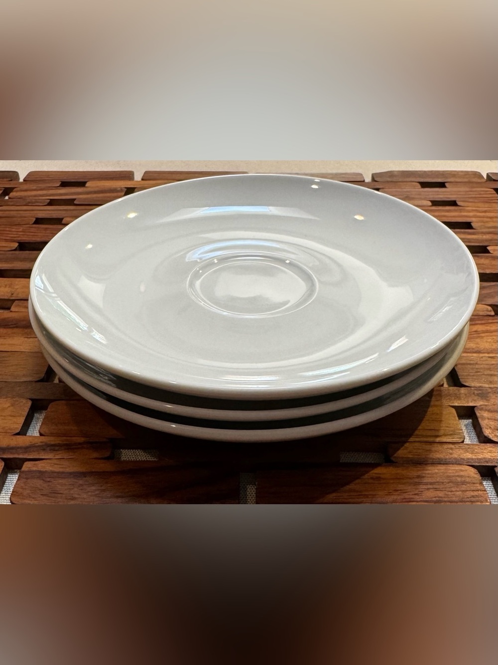 Cost Plus World Market White Ceramic Saucers with Green Stripe -Set of 3 classic